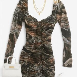 Zara ruched marble print mesh mini dress. 🫒 Size: M. Brand New With Tags